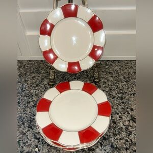 Grace Teaware 8” Scalloped Petal Salad Plates Red White Gold Trim Set/4 Four New